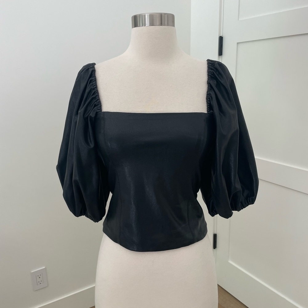 Amanda Uprichard Black faux leather Puff Sleeve Blouse